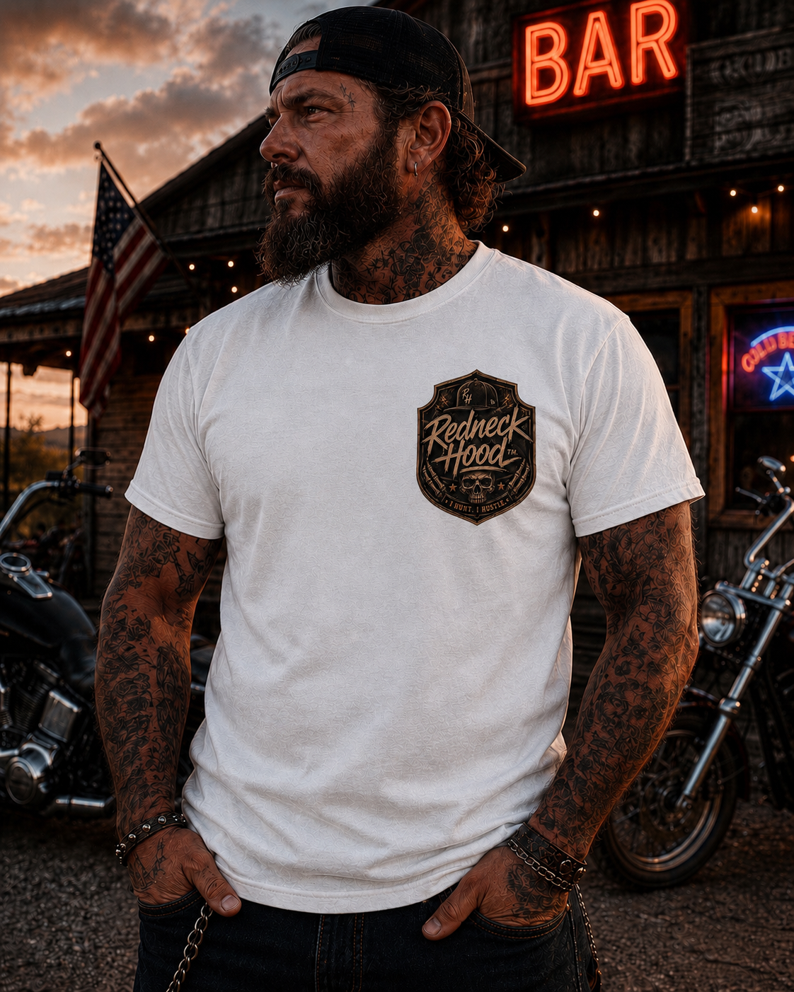 White HoodRedneck T-shirt, front shield chest crest