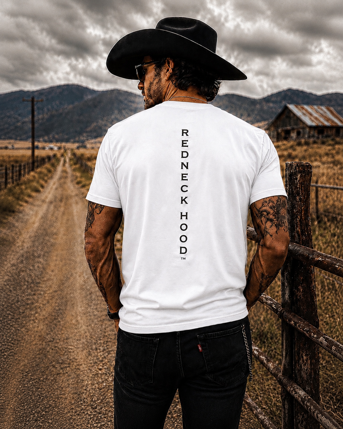White Understated Vertical T-shirt, back vertical Redneck Hood lettering