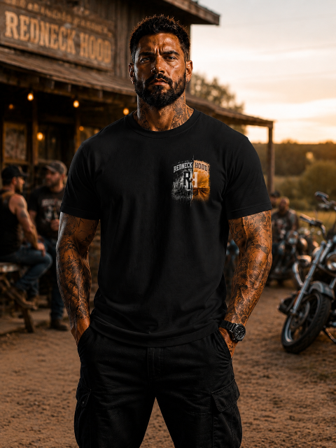 Black The Concept T-shirt, front split Redneck Hood chest graphic
