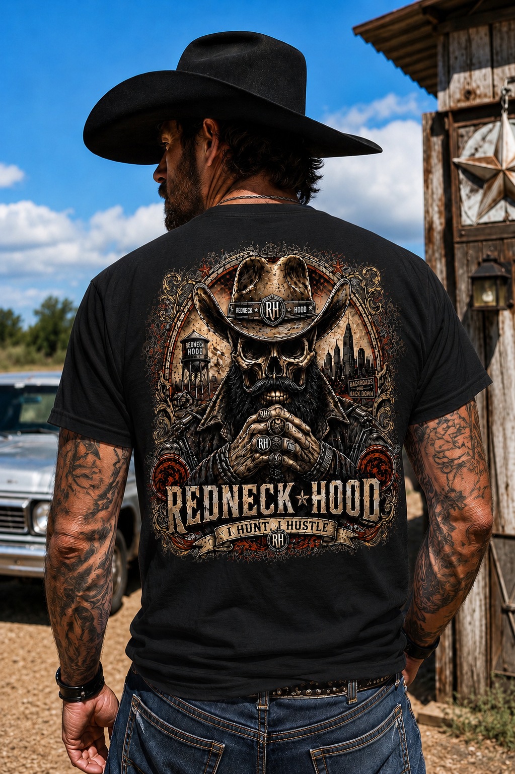 Black Southern Badass T-shirt, back bearded cowboy skull graphic