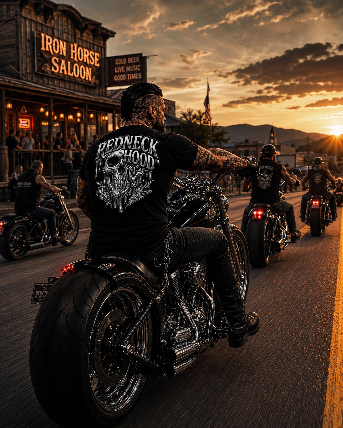 Black Liquid Metal T-shirt, back skull graphic while riding a motorcycle at sunset