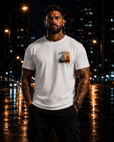 White The Concept T-shirt, front split Redneck Hood chest graphic
