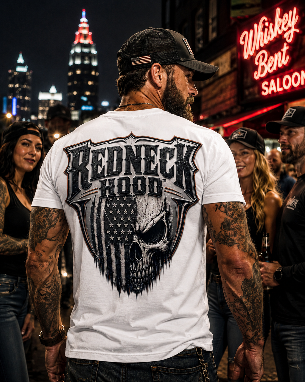 White Badass Skull T-shirt, back American flag skull graphic