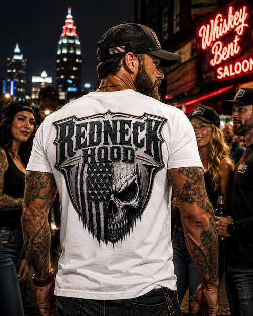 White Badass Skull T-shirt, back American flag skull graphic