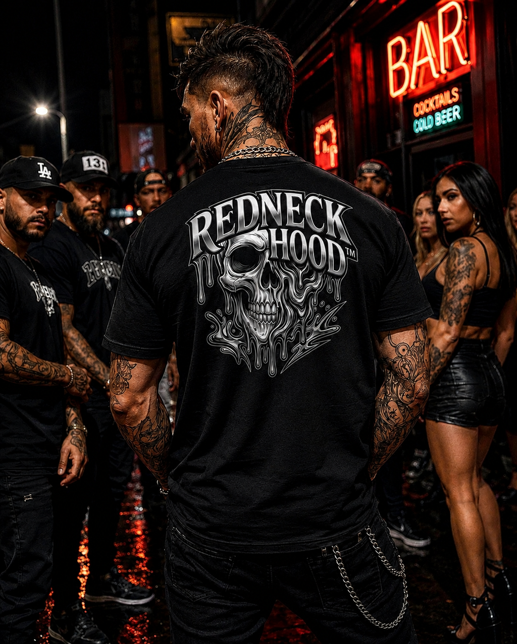 Black Liquid Metal T-shirt, back melting silver skull graphic in a city scene