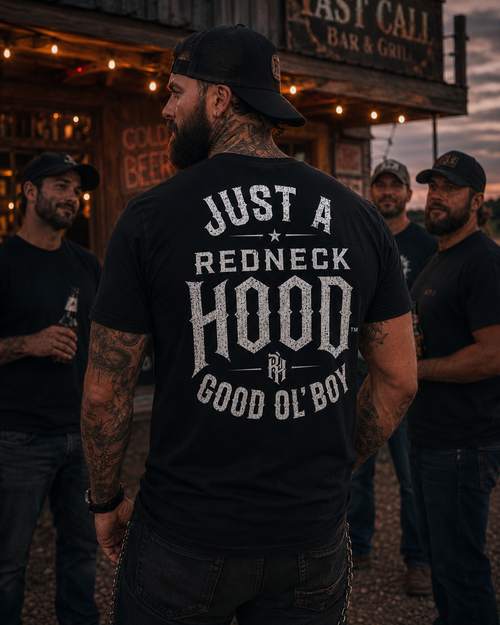 Black Good Ol’ Boy T-shirt, back distressed slogan graphic