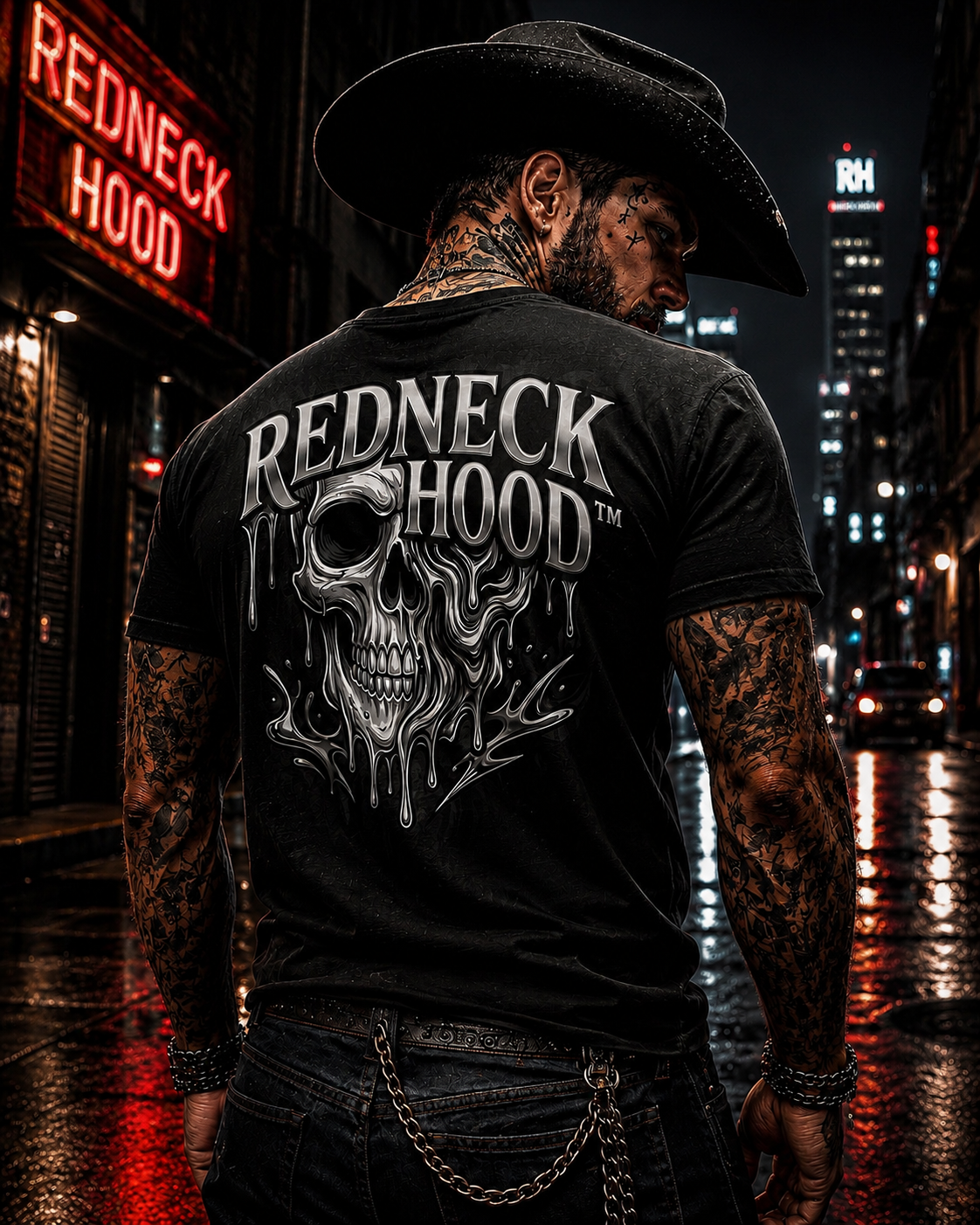 Black Liquid Metal T-shirt, back melting silver skull graphic