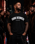 Black Inverted T-shirt with upside-down Redneck Hood lettering, city view
