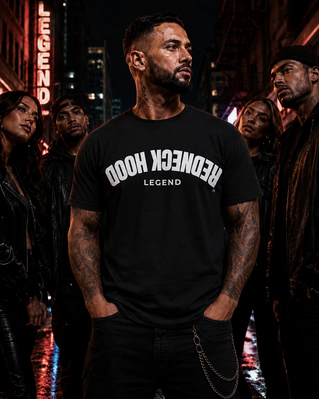 Black Inverted T-shirt with upside-down Redneck Hood lettering, city view