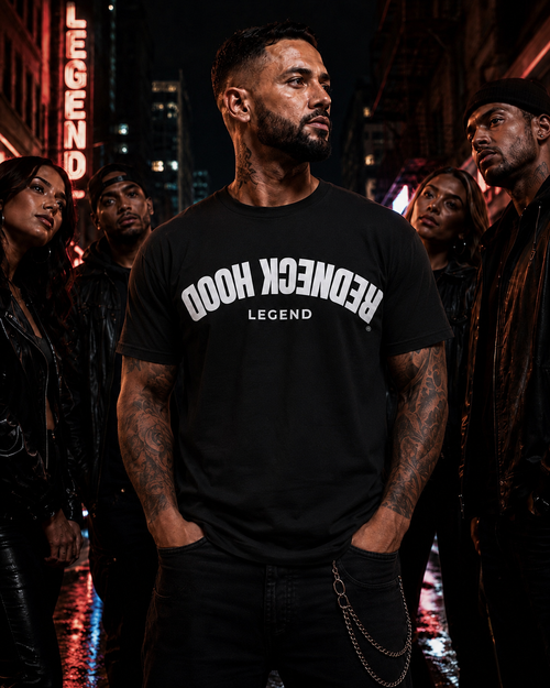 Black Inverted T-shirt with upside-down Redneck Hood lettering, city view