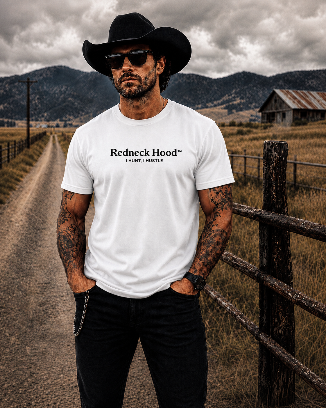 White Understated Vertical T-shirt, front Redneck Hood I Hunt I Hustle text