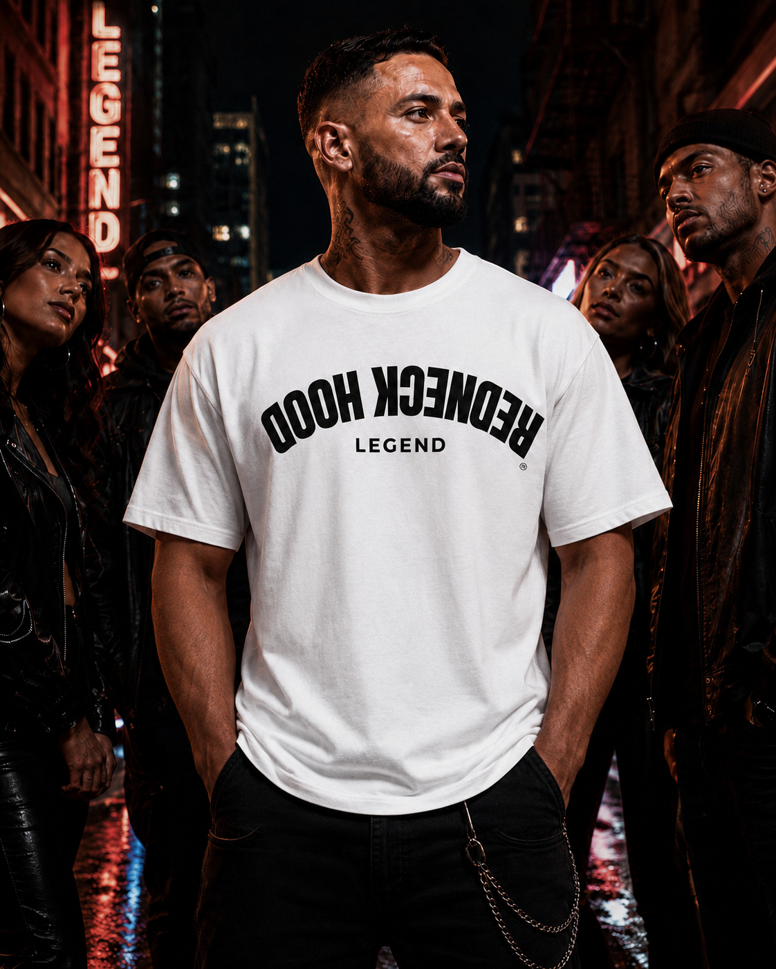 White Inverted T-shirt with upside-down Redneck Hood lettering, city view