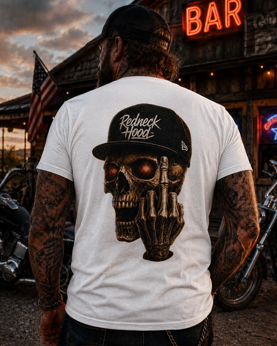 White HoodRedneck T-shirt, back skull in cap raising its middle finger