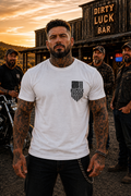 White Vintage Flag T-shirt, front distressed American flag chest logo