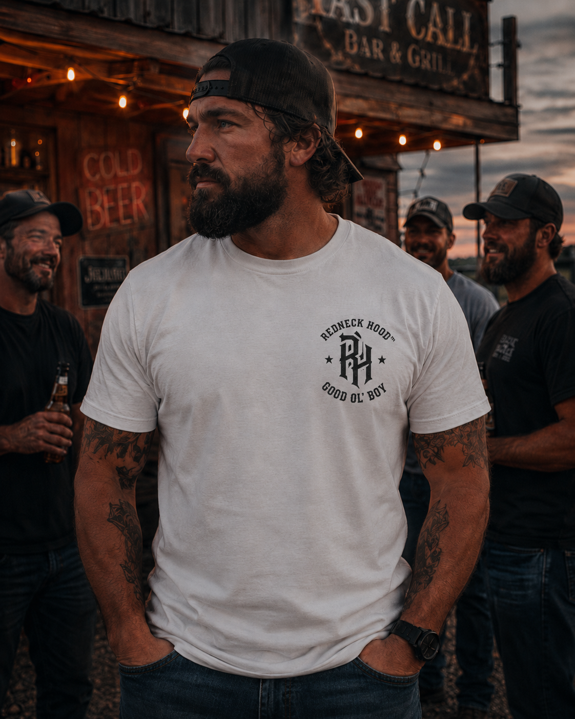 White Good Ol’ Boy T-shirt, front RH chest crest