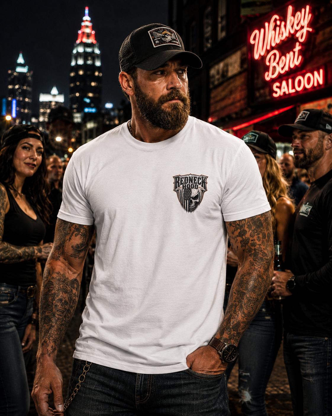 White Badass Skull T-shirt, front chest crest