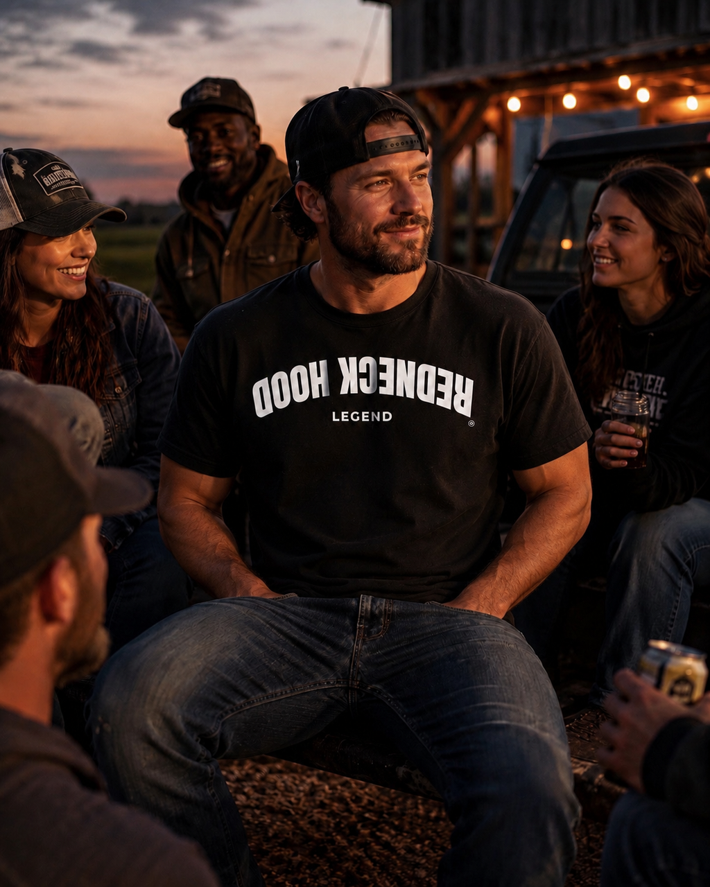 Black Inverted T-shirt with upside-down Redneck Hood lettering, outdoor view