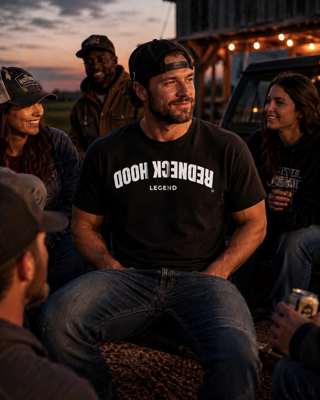 Black Inverted T-shirt with upside-down Redneck Hood lettering, outdoor view