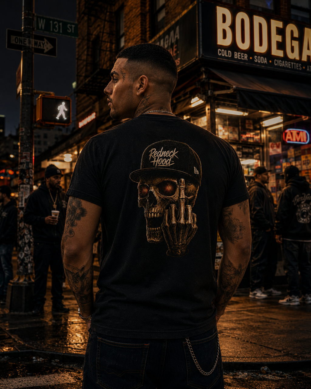Black HoodRedneck T-shirt, back skull in cap raising its middle finger