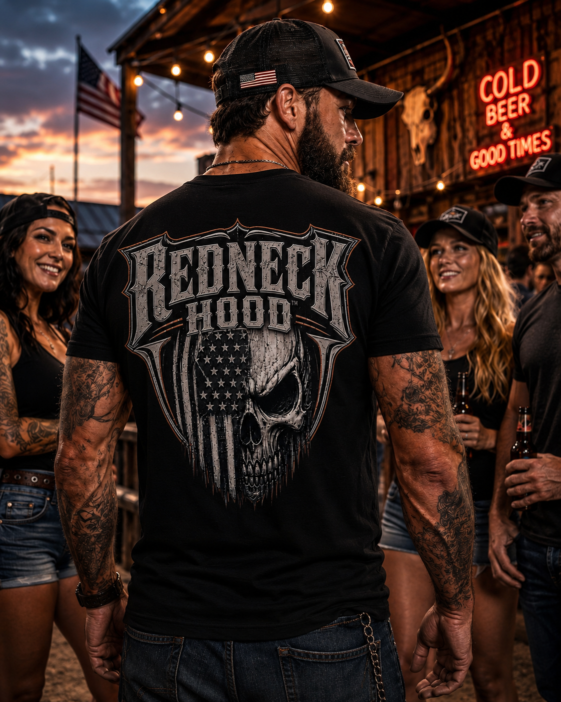 Black Badass Skull T-shirt, back American flag skull graphic