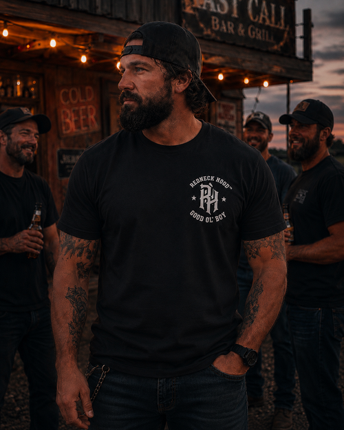 Black Good Ol’ Boy T-shirt, front RH chest crest