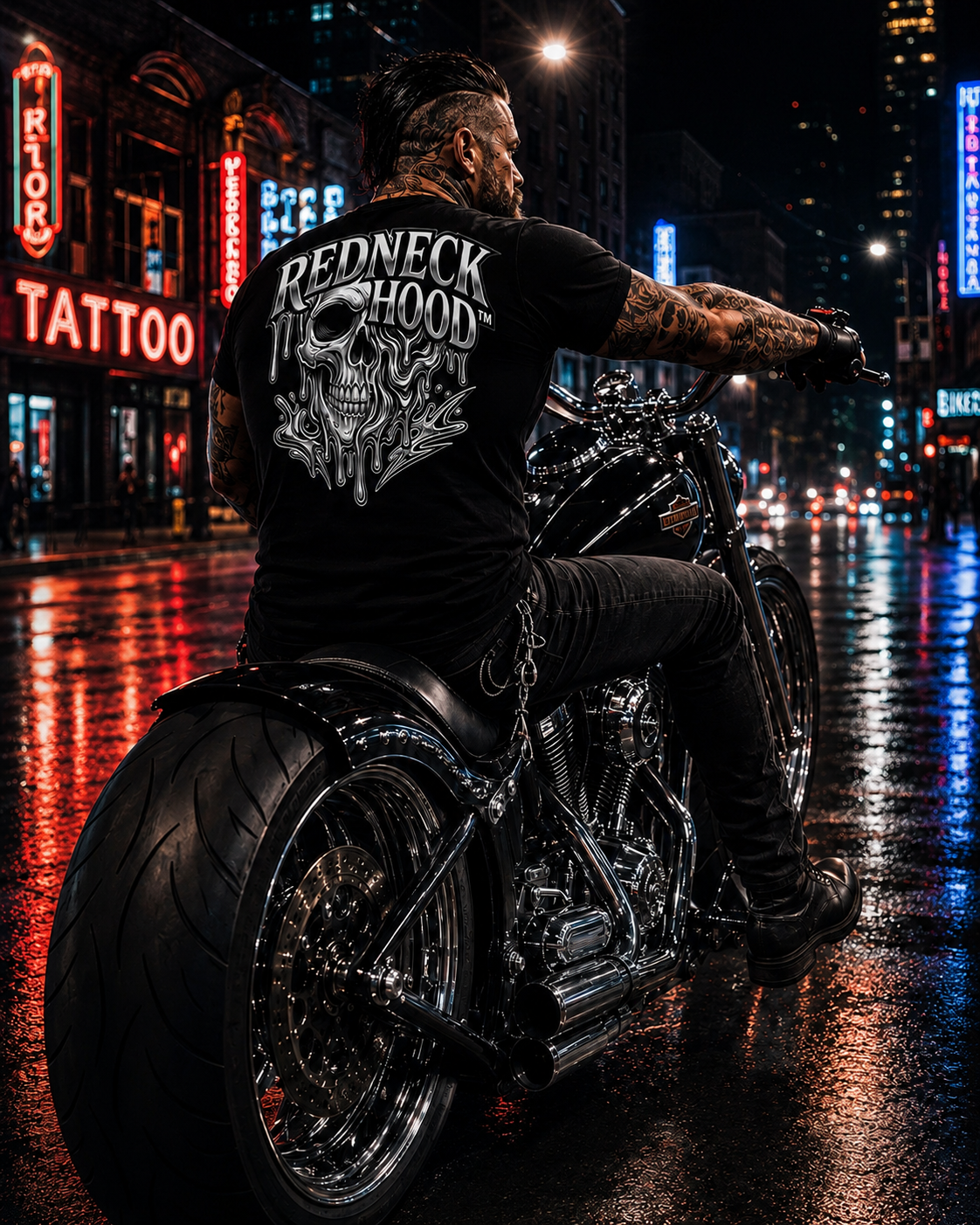 Black Liquid Metal T-shirt, back skull graphic while riding a motorcycle at night