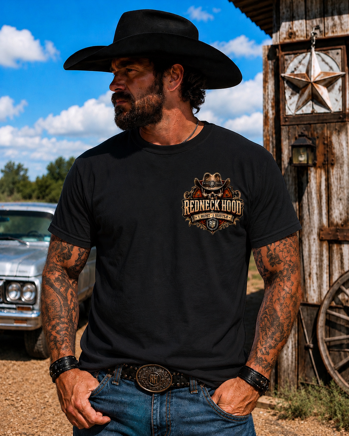 Black Southern Badass T-shirt, front cowboy skull chest crest
