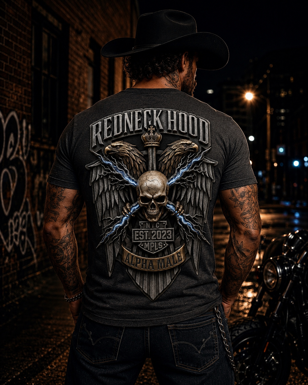 Black Lightning T-shirt, back eagles, skull, sword and blue lightning graphic
