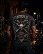 Black Lightning T-shirt, back eagles, skull, sword and blue lightning graphic