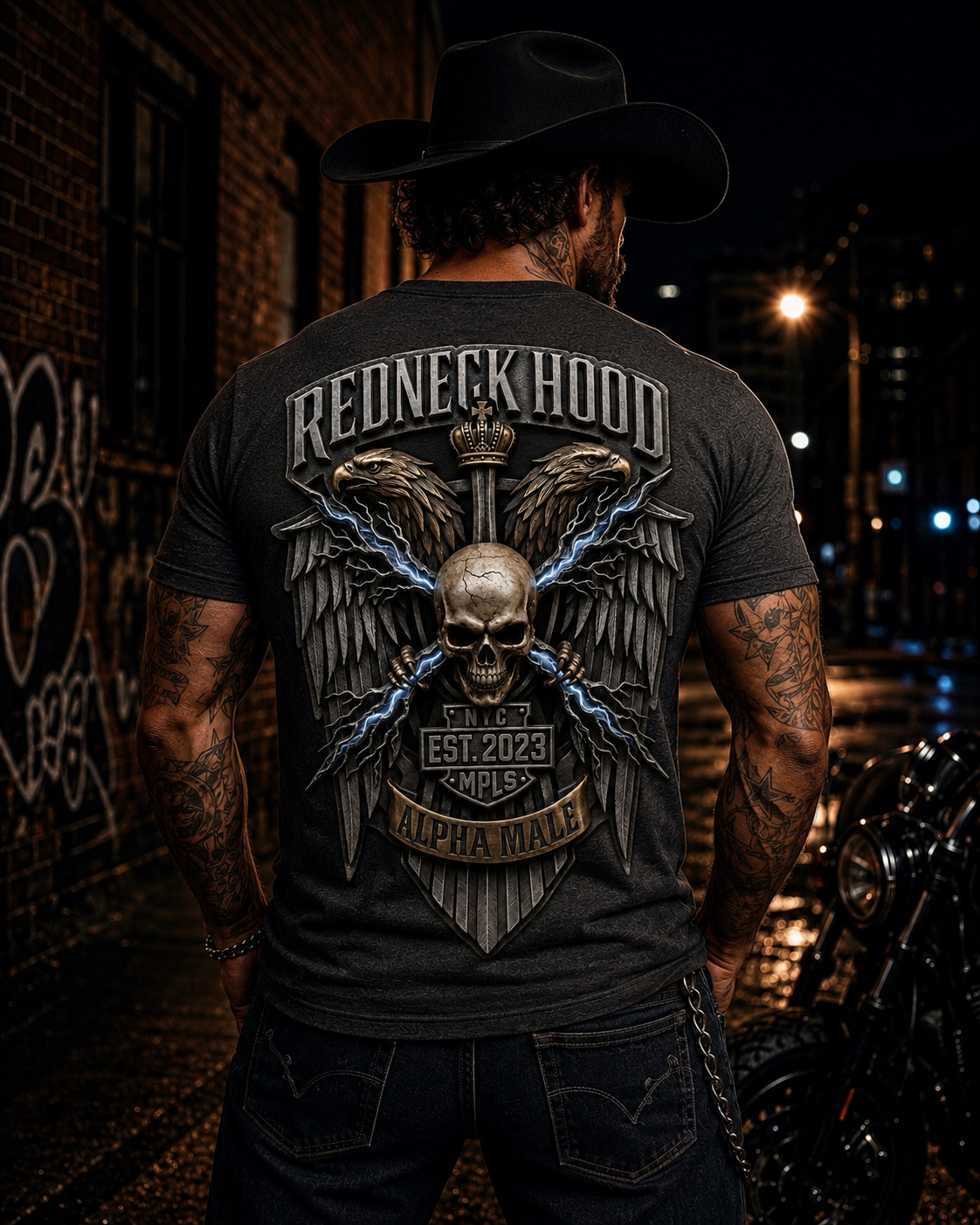 Black Lightning T-shirt, back eagles, skull, sword and blue lightning graphic