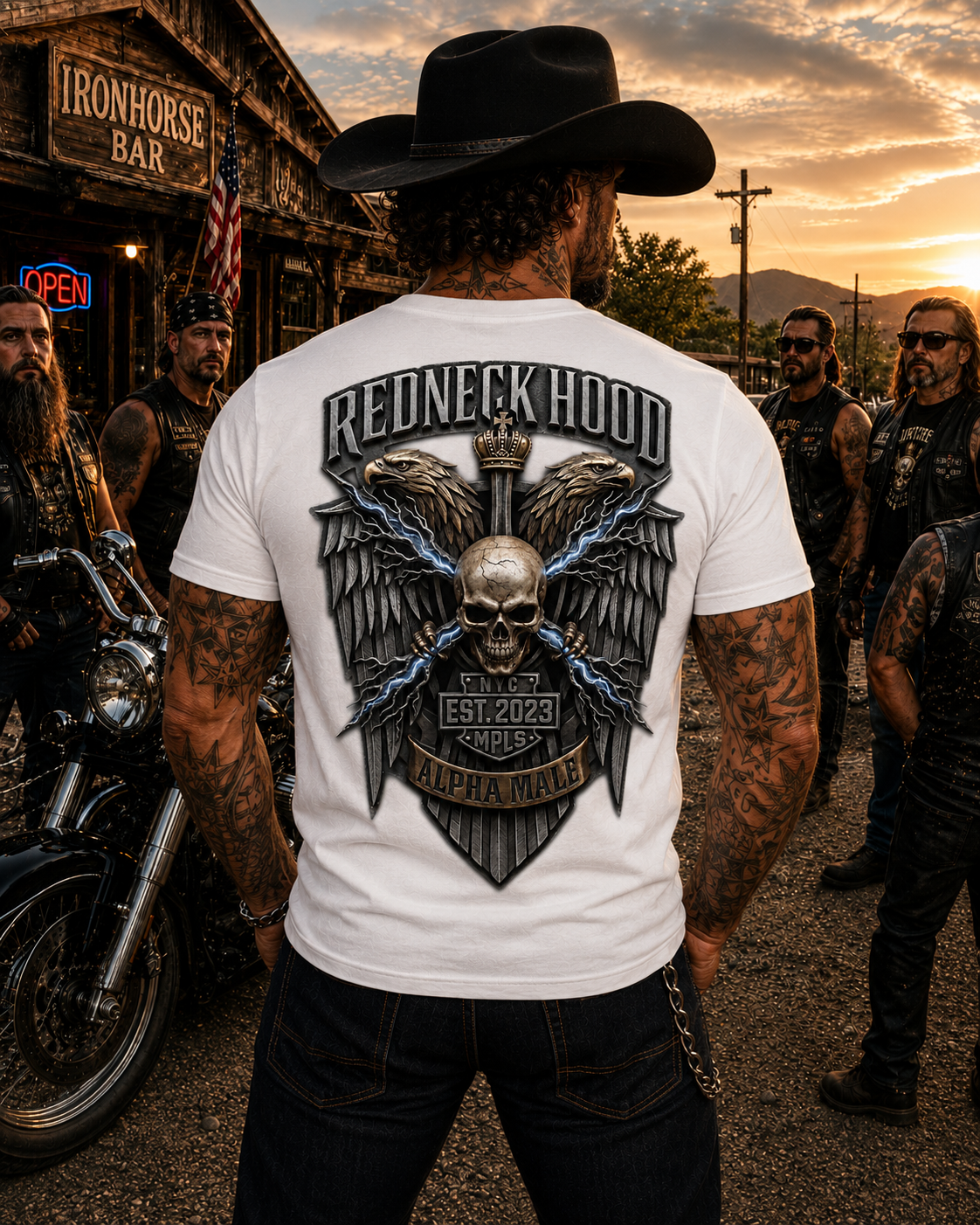 White Lightning T-shirt, back eagles, skull, sword and blue lightning graphic