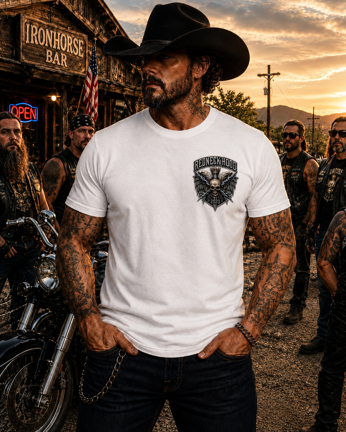 White Lightning T-shirt, front eagle and skull chest crest