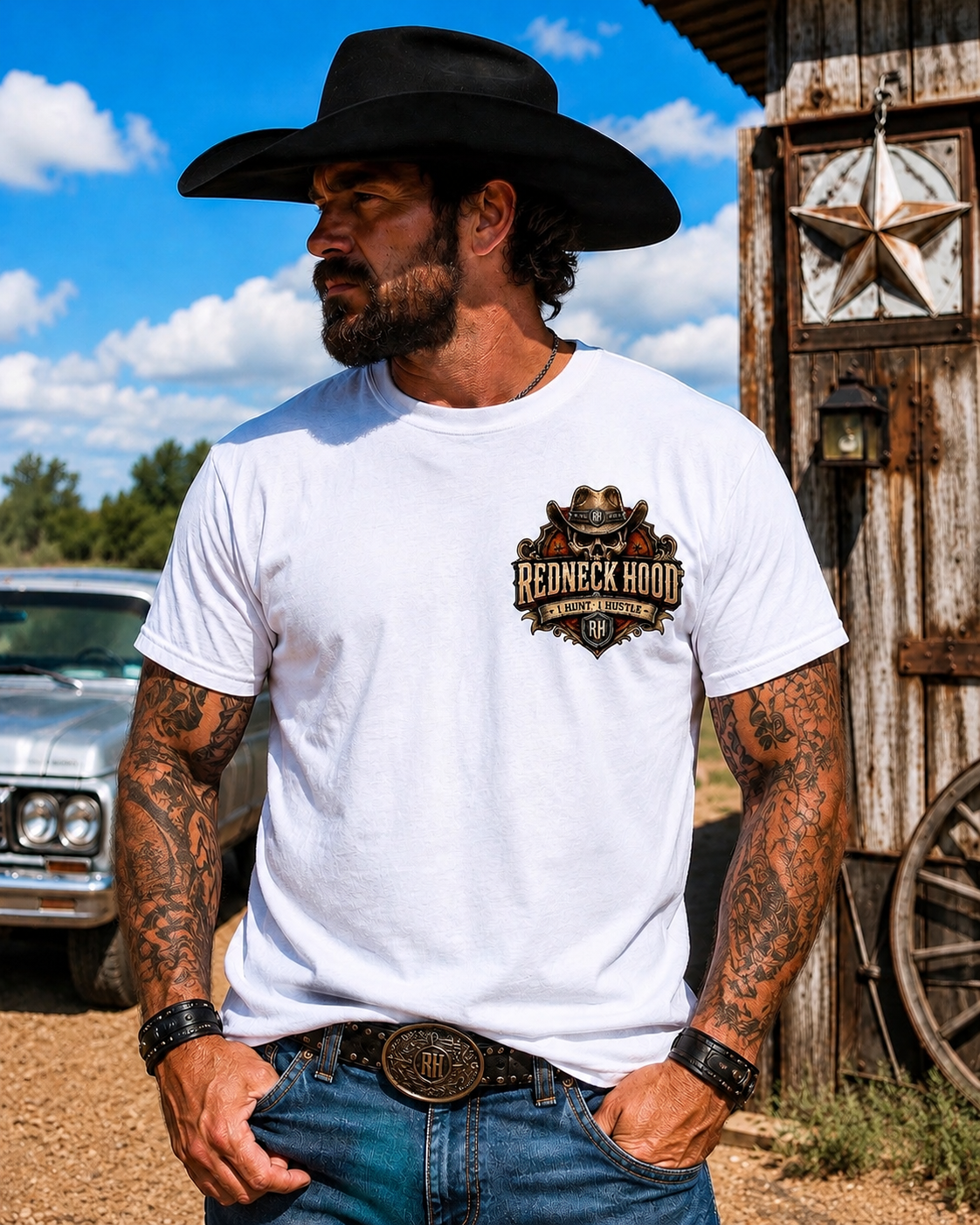 White Southern Badass T-shirt, front cowboy skull chest crest