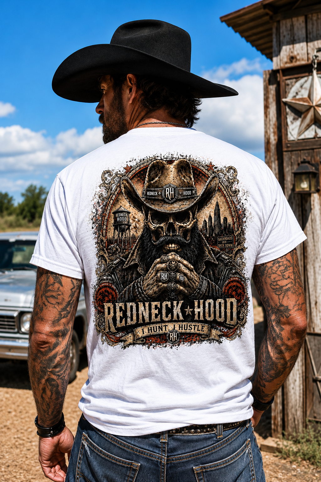 White Southern Badass T-shirt, back bearded cowboy skull graphic