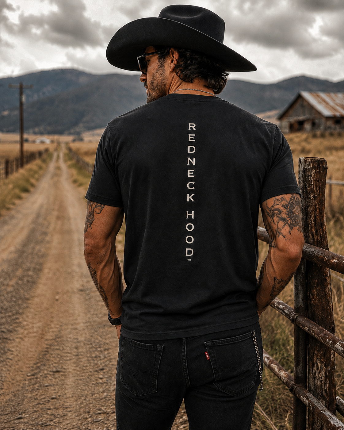 Black Understated Vertical T-shirt, back vertical Redneck Hood lettering
