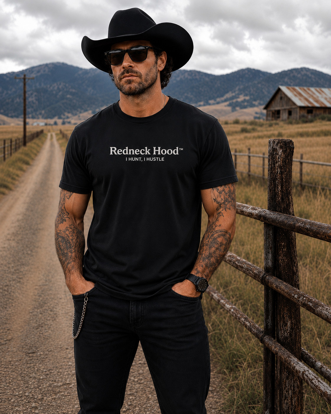 Black Understated Vertical T-shirt, front Redneck Hood I Hunt I Hustle text